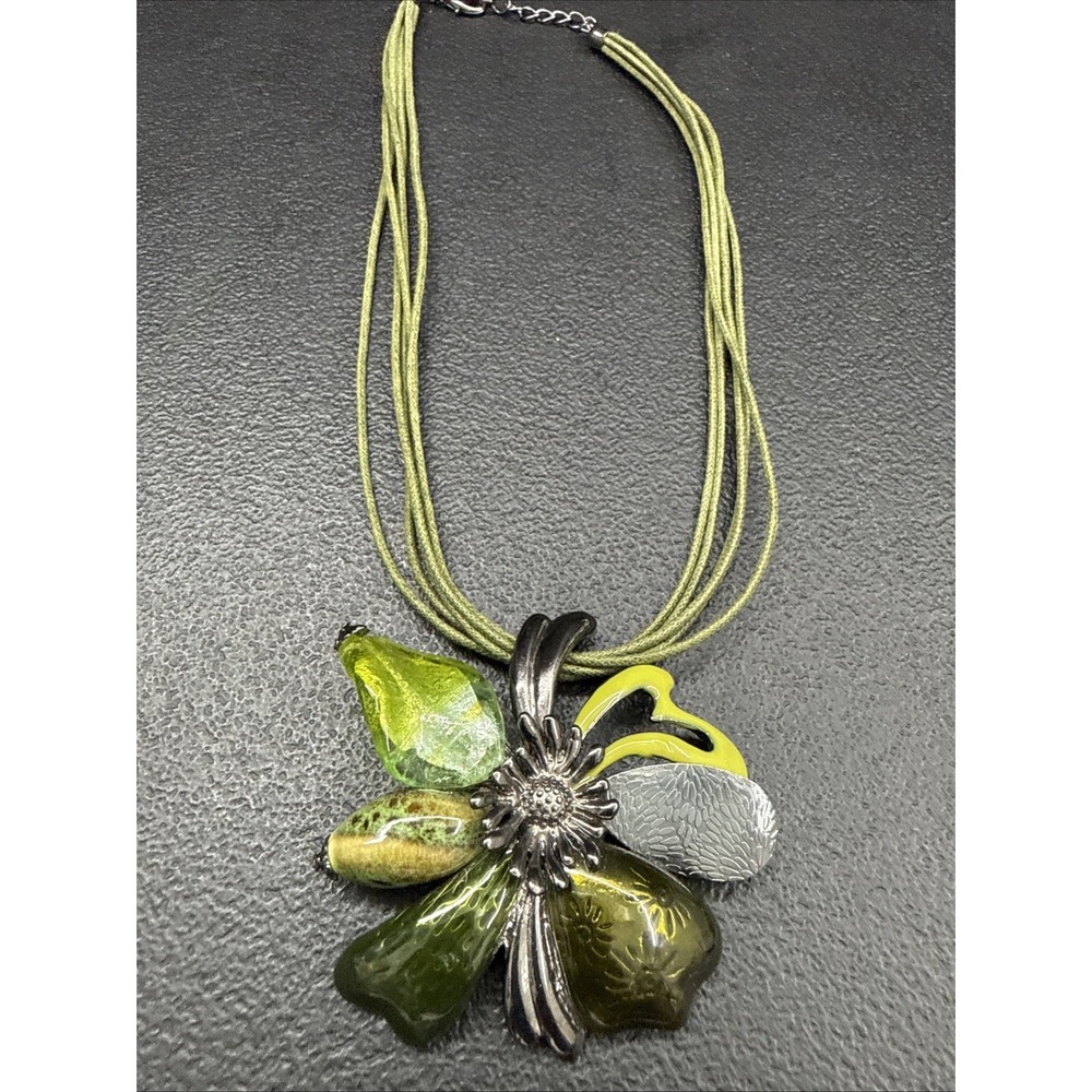 Fairycore Floral  Multi-Layer Green Cord Necklace With Enamel Flower Pendant